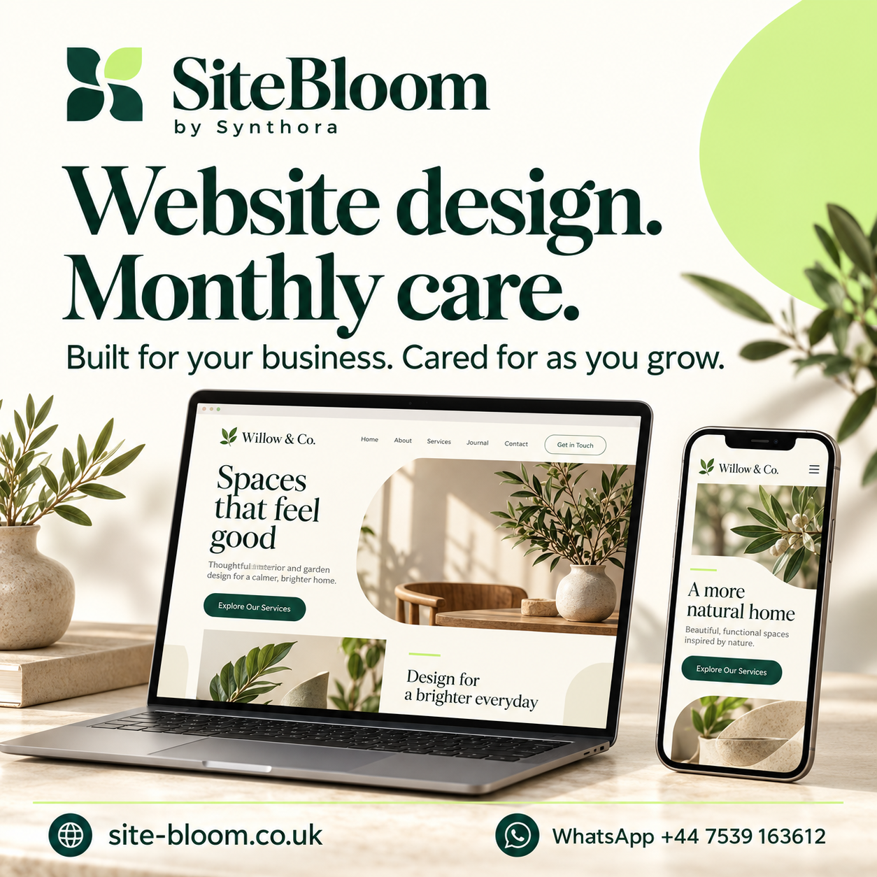 SiteBloom website design and monthly care concept with laptop and mobile website mockups
